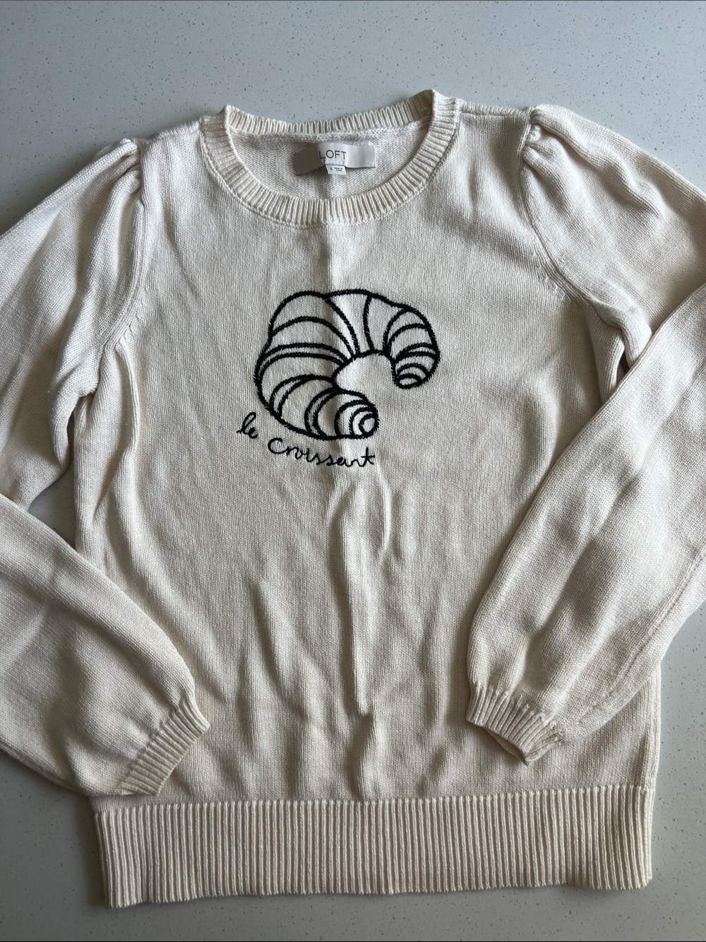 LOFT Cream Pullover Sweater with Black Croissant Embroidery